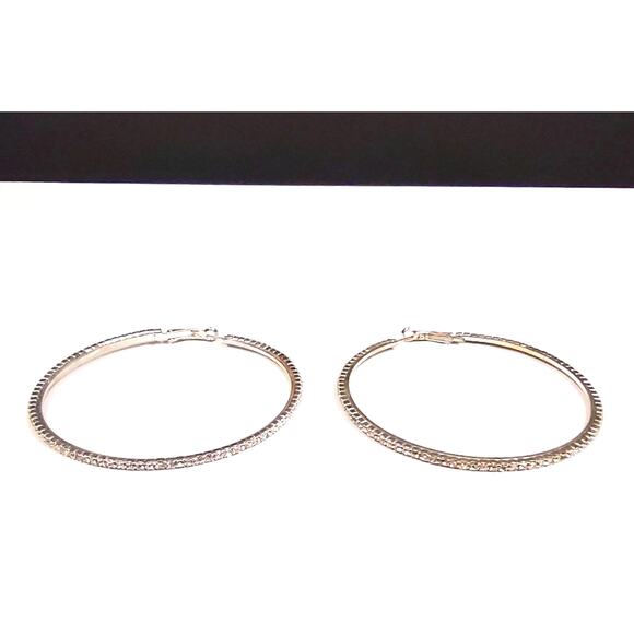 Large Sparkly Rhinestone Silver Tone Hoop Earrings 3" for Pierced Ears Leverback - Picture 1 of 9